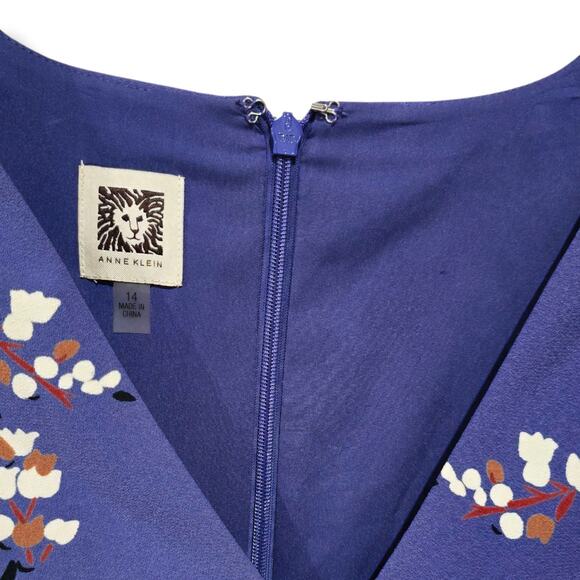 Anne Klein Blue Floral A-Line Dress Women’s Size 14 | Lined Zip-Back Fit & Flare - Picture 3 of 8